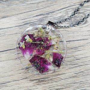 Dried Iridescent Rose Necklace, Botanical Jewelry